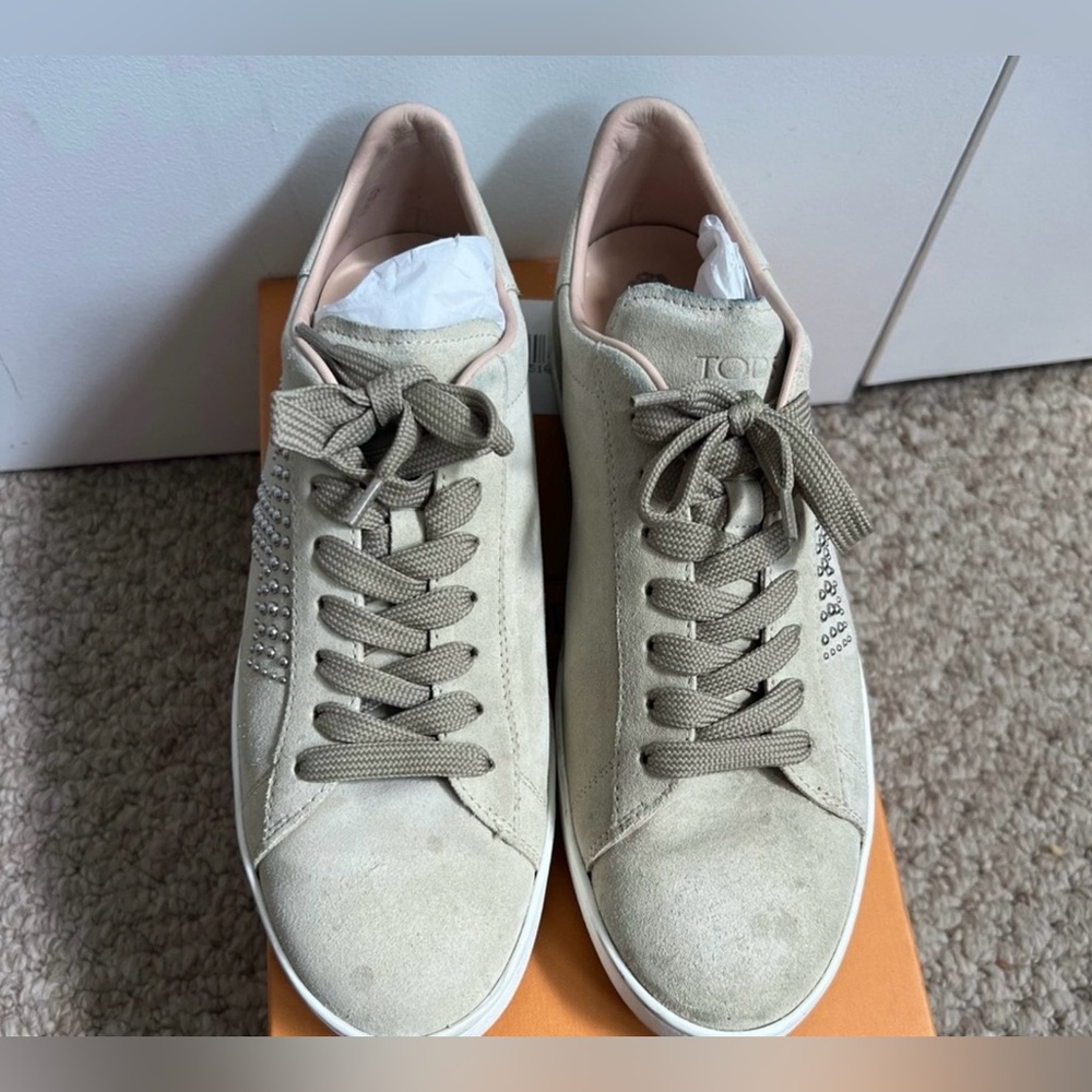 Authentic Tod’s Gray suede studded Cassetta T Sneakers